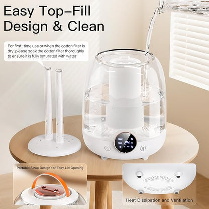 Humidifiers for Bedroom, 3L Tank for 30H 20dB Quiet Mist Time, Dual Nozzles, LED Lights, Smart Timer (2/4/8 Hours), Auto Shut-Off, Perfect for Baby and Large Rooms (White)