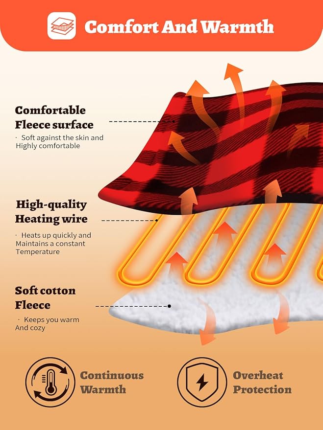 12V Car Heated Blanket 59"x39"Portable Heated Blanket for Travel with 4 Heating 4 Timing Settings Soft and Comfortable for Car SUV Camping (Black&Red)
