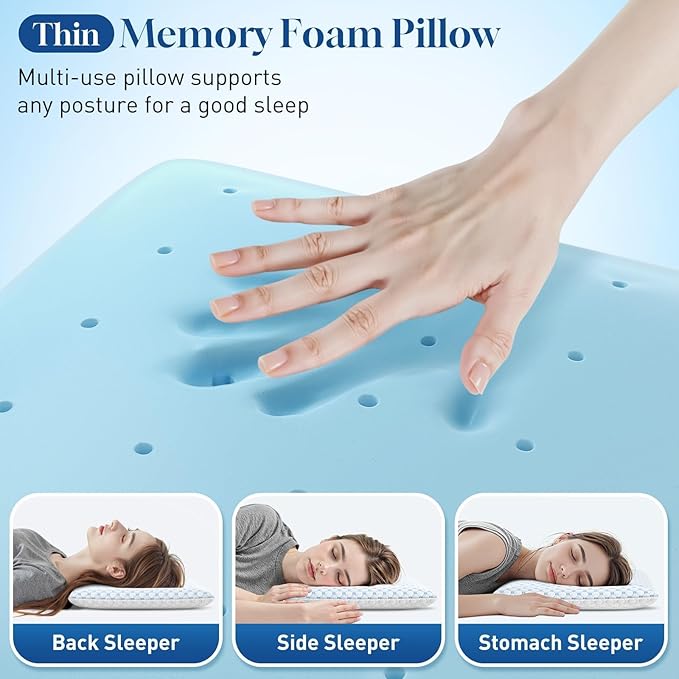 CloudBliss Ultra Slim 2.75” Pillows for Side | Back | Stomach Sleepers, Memory Foam Flat Pillow, Low Profile Sleeper Pillows with Double Sided Comfortable Breathable Pillow Cover, Queen