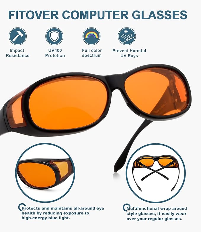 BLUELESS Fitover Blue Light Blocking Computer Glasses with Orange Tinted Sleep Glasses, Black