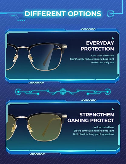 Blue Light Glasses | Men Browline Gaming Glasses | Anti Eye Strain & Migraine Blue Blocker Eyeglasses（Black Gold）