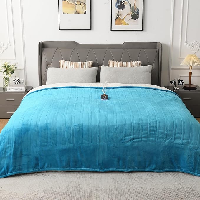 WOOMER Electric Blanket Twin Size 62" x 84", Heated Blanket with 0.5-12 Hours Timer & 10 Heating Levels, ETL Certified, Teal Velvet & White Sherpa, Over-Heat Protect, Machine Washable