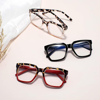 EASY READ 3 Pairs Reading Glasses for Women, Squre Computer Blue Light Blocking Anti UV Readers with Spring Hinge