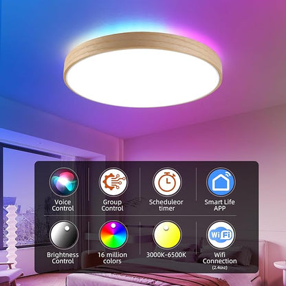 HOREVO Smart WiFi LED Ceiling Light with Remote - Alexa/Google Home, Dimmable RGB Color Changing Ceiling Light Fixture(2700K-6500K), 12" Modern Wood Flush Mount for Bedroom/Living Room/Kids Room