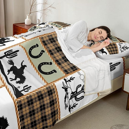 Western Cowboy Kids Sheet Queen Size,Horseshoes Cactus Arrows Plaids Patchwork Bedding Set,Boys Girls Adults Room Decor,Rustic Farmhouse Country Bed Sheet Set 4pcs(Fitted + Flat + 2 Pillowcases)