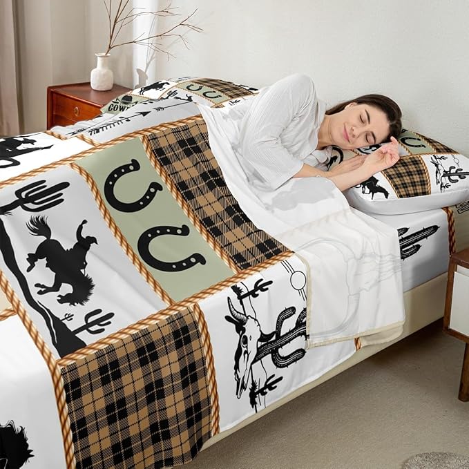 Western Cowboy Kids Sheet Full Size,Horseshoes Cactus Arrows Plaids Patchwork Bedding Set,Boys Girls Adults Room Decor,Rustic Farmhouse Country Bed Sheet Set 4pcs(Fitted + Flat + 2 Pillowcases)