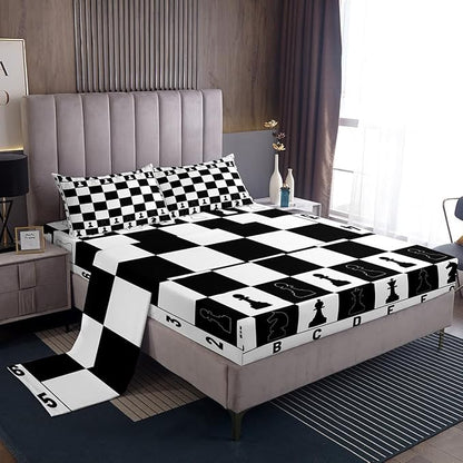 Checkerboard Bed Sheet Queen Size,International Chess Modern Chess Sport Game Sheets,Geometric Checker Plaids Grids Black White Deep Pocket Bedding Sets (1 Fitted,1 Flat,2 Pillowcases)