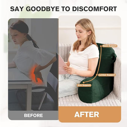 Portable Comfy Reading Pillows for Bed Sitting Up(Dark Green Oeko-Tex), Velvet Back Pillow with Arms & Pockets for Adults, Support Memory Foam Bed Pillow for Dorm/Reading/Watching/Gaming