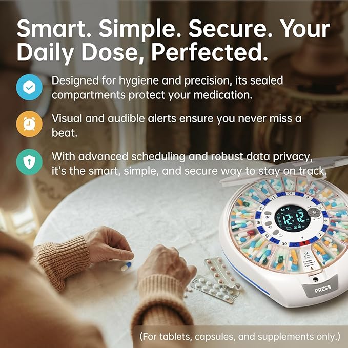 VEXA VitaMate Pro 21 Smart Pill Dispenser with Automatic Rotation, Rising Pill Containers, Sound & Light Alerts, App-Controlled Medication Reminder and Tracker for Tablets, Capsules & Supplements