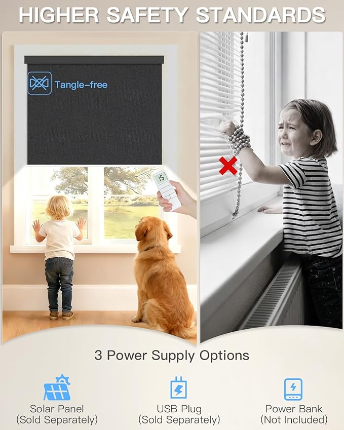 Motorized Roller Shade with Remote Control, Blackout Electric Shade for Windows Compatible with Alexa Google via Hub, Rechargeable Smart Window Blind Customized Size (Pure Black)