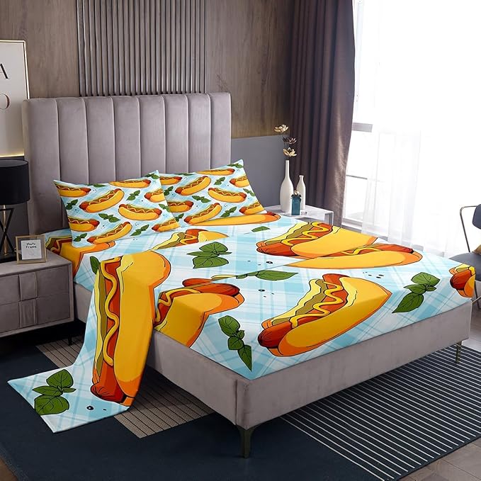 Manfei Fast Food Sheet Set Queen Size, American Cartoon Hot Dog Hamburg Bedding Set for Kids Boys Girls Room Decor, Blue White Plaid Bed Sheet Set 4pcs (Fitted Sheet, Flat Sheet, 2 Pillowcases)