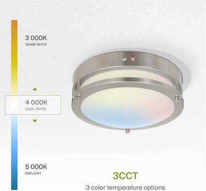 ASD LED 12" Round Flush Mount Lighting, Close to Ceiling Light Fixture | 3CCT, Dimmable, Battery Backup, ETL Listed | 20W 1876LM 3000-5000K 100-277V | Low Profile Double Ring Lamp | Nickel, 4 Pack