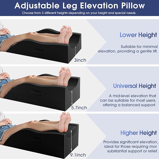 Leg Pillow, Leg Elevation Pillow with Pad and Memory Foam, Height Adjustable Bolster Pillow for Legs, Leg Pillow Elevation Blood Circulation, for Post-Surgery, Black