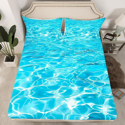 Manfei Summer Sheet Set Queen Size, Blue Water Texture Print Bedding Set for Kids Boys Girls Teens Bedroom Decor, Tropical Summer Pool Bed Sheet Set 4pcs (Fitted Sheet, Flat Sheet, 2 Pillowcases)