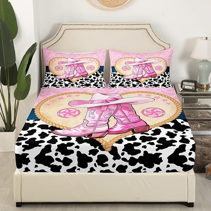 Cowgirl Boots Fitted Sheet,Pink Bowknot Western Boho Paisley Texas Star Vintage Sheet Set for Adults Ultra Soft Room Gift,Rustic Farmhouse Cowhide Bedding Set with 2 Pillowcases,Queen Size