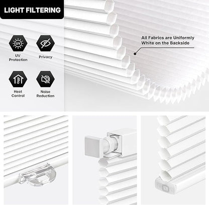LazBlinds Cordless Cellular Shades, No Tools No Drill Light Filtering Honeycomb Shades Pleated Blinds for Windows, 22.5'' W x 48'' H, White