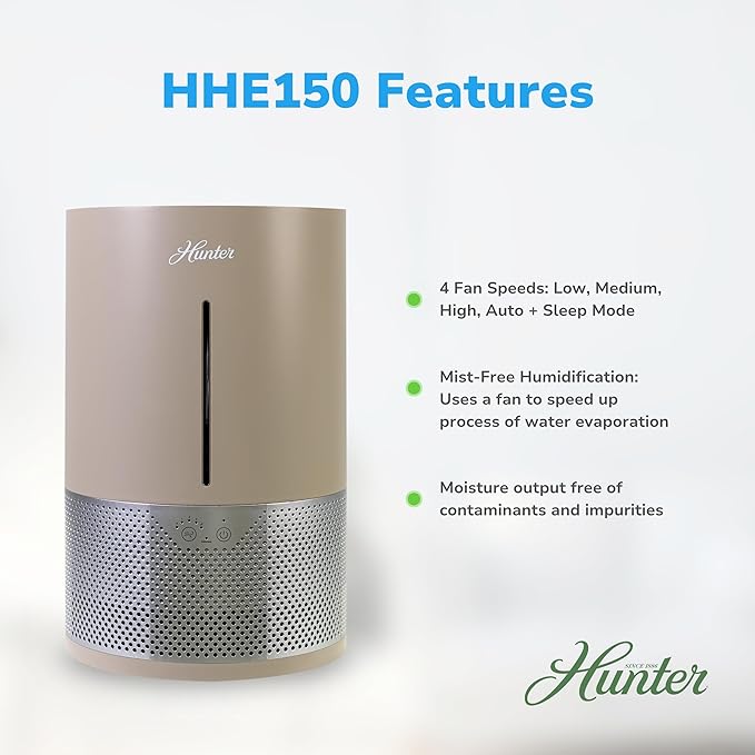 HHE150 Hunter Aspire 4.8L Evaporative Humidifier with PermaWick Filter (4.8L) - Remove Contaminants & White Dust for Clean Mist & Air – Medium Humidifier for Home, Bedroom, or Dorm - Taupe