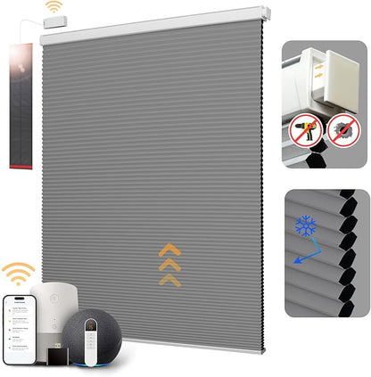 CINONEKO No Drill Motorized Cellular Shades with Remote,Cordless Smart Honeycomb Blinds,【Free Solar Panel】 Blackout Electric Blinds, No Tools No Drilling Honeycomb Shades,Gray 23x64