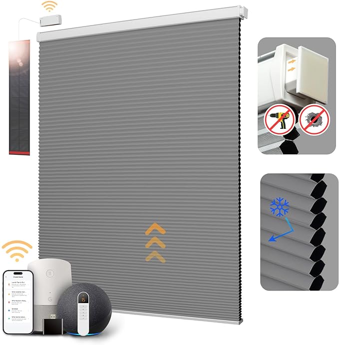 CINONEKO No Drill Motorized Cellular Shades with Remote，Cordless Smart Honeycomb Blinds，【Free Solar Panel】 Blackout Electric Blinds, No Tools No Drilling Honeycomb Shades,Gray 24x64