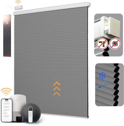 CINONEKO No Drill Motorized Cellular Shades with Remote，Cordless Smart Honeycomb Blinds，【Free Solar Panel】 Blackout Electric Blinds, No Tools No Drilling Honeycomb Shades,Gray 24x64