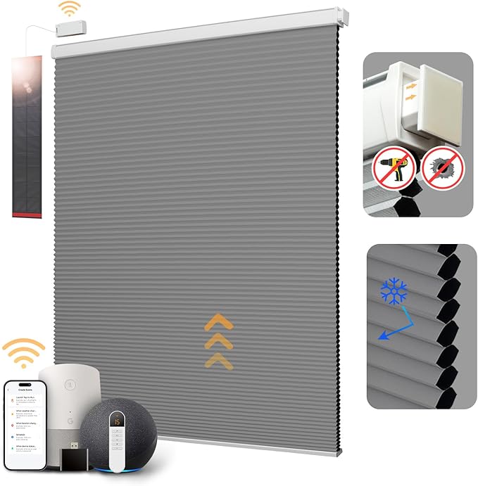 CINONEKO Motorized Cellular Shades, Smart Blackout Honeycomb Blinds with Remote, No Drill Electric Blind with Solar Panel, Alexa & Google, Cordless Automatic Shade for Indoor Windows, Grey 34x64