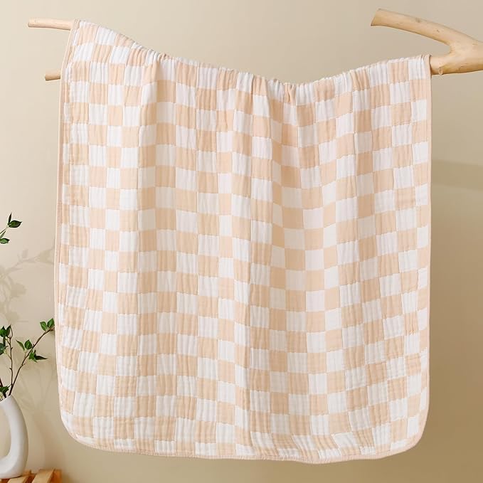 Ultra Soft Muslin Baby Blanket - Made with Organic Cotton, Neutral Earth Tone Checkered Swaddle & Crib Quilt, 43x43 (Beige)