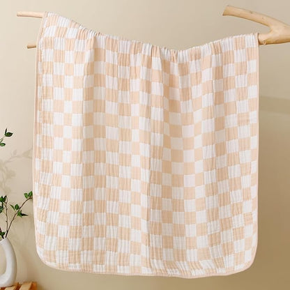 Ultra Soft Muslin Baby Blanket - Made with Organic Cotton, Neutral Earth Tone Checkered Swaddle & Crib Quilt, 43x43 (Beige)