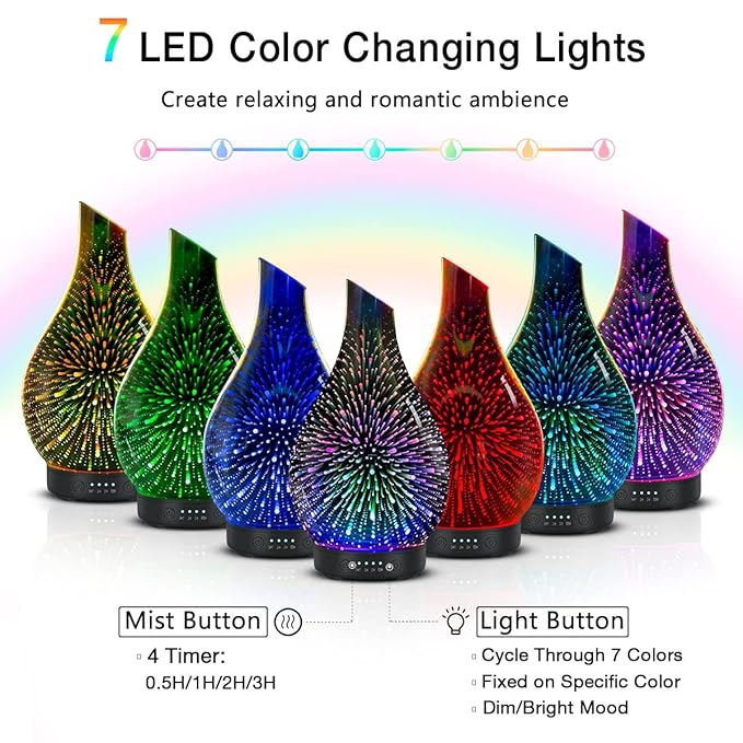 Essential Oil Diffuser 120ml Ultrasonic Aromatherapy Diffuser with Handmade Glass with Auto Shut-Off Protection 4 Timer Setting 7 Colors Changed LED Diffuser for Home Yoga Office Gifts for Women