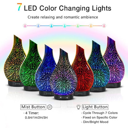 Essential Oil Diffuser 120ml Ultrasonic Aromatherapy Diffuser with Handmade Glass with Auto Shut-Off Protection 4 Timer Setting 7 Colors Changed LED Diffuser for Home Yoga Office Gifts for Women