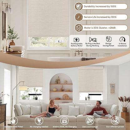 Kincmo No Drill Motorized Blinds with Remote, 100% Blackout Roller Shades for Windows, Custom Electric Blinds Compatible with Alexa, Apple Homekit, Google Home (100% Blackout Weave Beige)