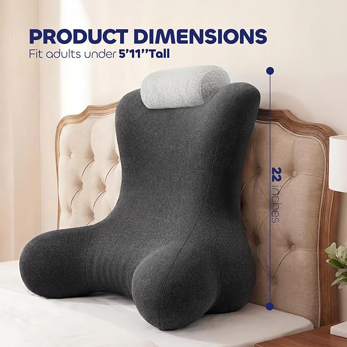 Reading Pillow for Floor & Bed Use - 22" Ergonomic Backrest with Built-in Neck Support and Contoured Arms, Memory Foam Sitting Pillow for Gaming, Reading, Nursing, Watching TV Pack