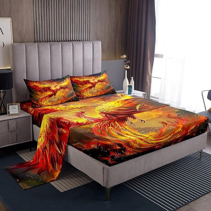 Manfei Phoenix Kids Sheet Twin Size,Burning Cloud Sky Romantic Bedding Set,Boys Girls Room Decor,Firebird Animal Flying Wildlife Orange Yellow Bed Sheet Set 3pcs(Fitted + Flat + 1 Pillowcase)