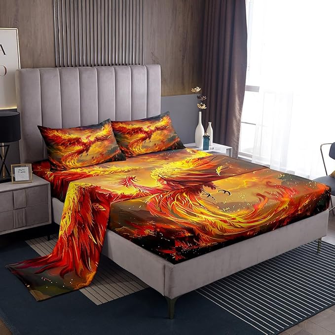 Manfei Phoenix Kids Sheet Full Size,Burning Cloud Sky Romantic Bedding Set,Boys Girls Room Decor,Firebird Animal Flying Wildlife Orange Yellow Bed Sheet Set 4pcs(Fitted + Flat + 2 Pillowcases)