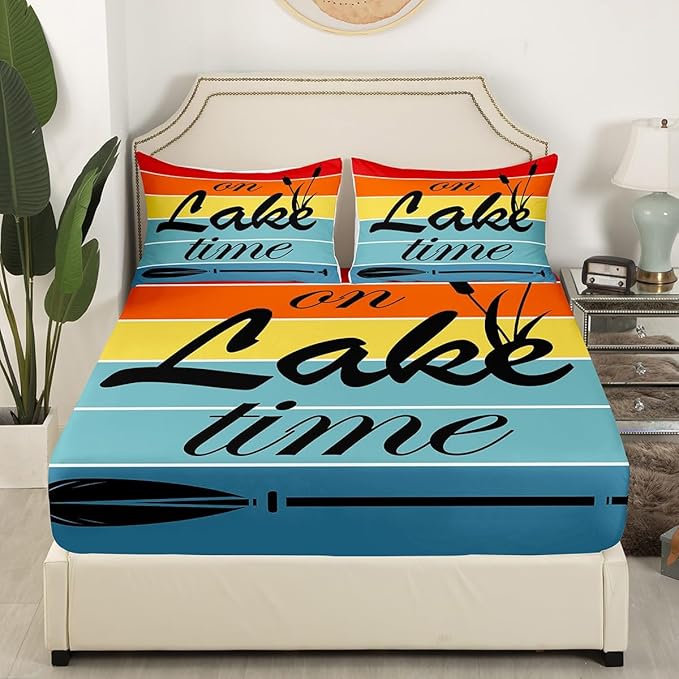 Lake Time Kids Fitted Sheet Queen Size,Camping Lake House Fishing Rustic Cabin Bedding Set,Boys Girls Room Decor,Geometric Stripes Patch Bed Cover,Colorful Bed Sheet,2 Pillowcases(No Top Sheet)
