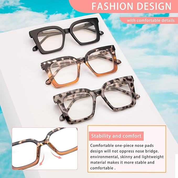 KoKoBin 3 Pack Stylish Square Frame Oprah Style Reading Glasses for Women, Blue Light Blocking Comfortable Readers
