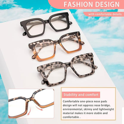 KoKoBin 3 Pack Stylish Square Frame Oprah Style Reading Glasses for Women, Blue Light Blocking Comfortable Readers