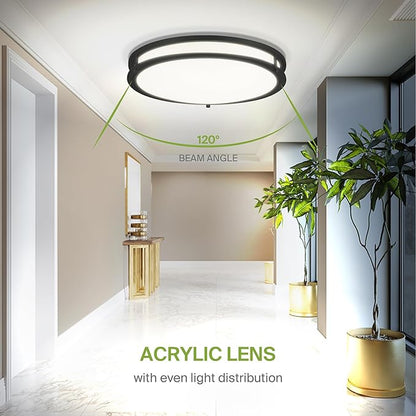 ASD LED 16" Round Flush Mount Lighting, Close to Ceiling Light Fixture | 3CCT, Dimmable, Energy Star, ETL Listed | 24W 1854LM 3000-5000K 120V | Low Profile Double Ring Lamp | Black, 2 Pack