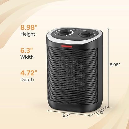 Small Space Heater, Portable 1500W Ceramic Space Heater for Indoor Use, Overheated & Tip-Over Safety Protection, Personal Electric Space Heater with Thermostat for Desk, Office, Home, and Room Use