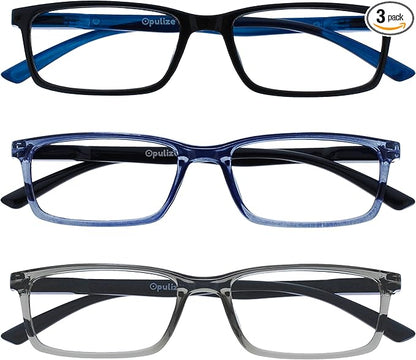 OPULIZE SEE Reading Glasses with Blue Light Blocking for Women and Men, Narrow Frame, Spring Hinges, Computer Gaming Glasses, Black,Blue,Grey +3.5 (Pack of 3)
