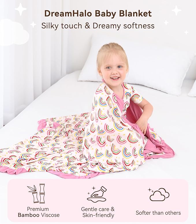 Premium Baby Blankets, Soft Viscose from Bamboo Blanket for Girls, Nursery Crib Bedding Quilt for Newborn and Toddler, Ruffle Blanket Cooling for Hot Sleepers, 50''x50'' Rainbow