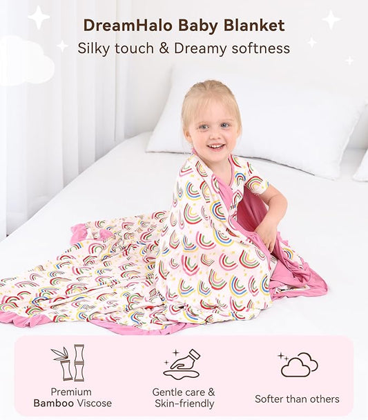 Premium Baby Blankets, Soft Viscose from Bamboo Blanket for Girls, Nursery Crib Bedding Quilt for Newborn and Toddler, Ruffle Blanket Cooling for Hot Sleepers, 50''x50'' Rainbow