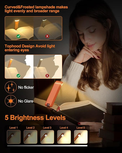 Reading Light,Rechargeable Book Light for Reading in Bed,Upgraded Portable Clip-on LED Bookmark Lamp with Damping Hinge,Long Lasting,3 Colors&5 Brightness&Timer for Book Lovers,Kids(Orange)