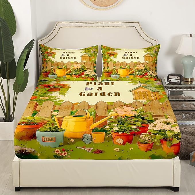 Plant a Garden Kids Sheet Full Size,Gardening Gardener Bedding Set,Boys Girls Room Decor,Potted Plants Flowers Butterfly Rustic Green Beige Bed Sheet Set 4pcs(Fitted + Flat + 2 Pillowcases)
