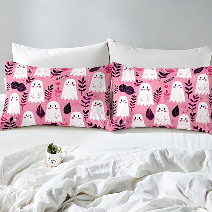 Cute Ghosts Bedding Set Twin Size Happy Halloween Ghost Kawaii Pink Bed Set for Teens Kids Sheet Rustic Farmhouse Botanical Leaves Natural Bed Cover(1 Fitted Sheet+1 Pillow Case)