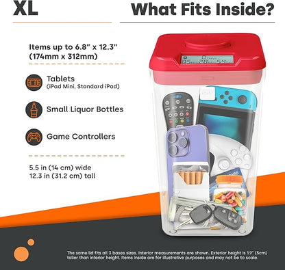Phone Lockbox & Snack Lock Box with Timer (XL) - KSafe Timed Lock Box for Cell Phones, Food - Kitchen Safe Time Locking Container for Habit Formation (Red Lid + 12.3” Clear Base with Access Port)