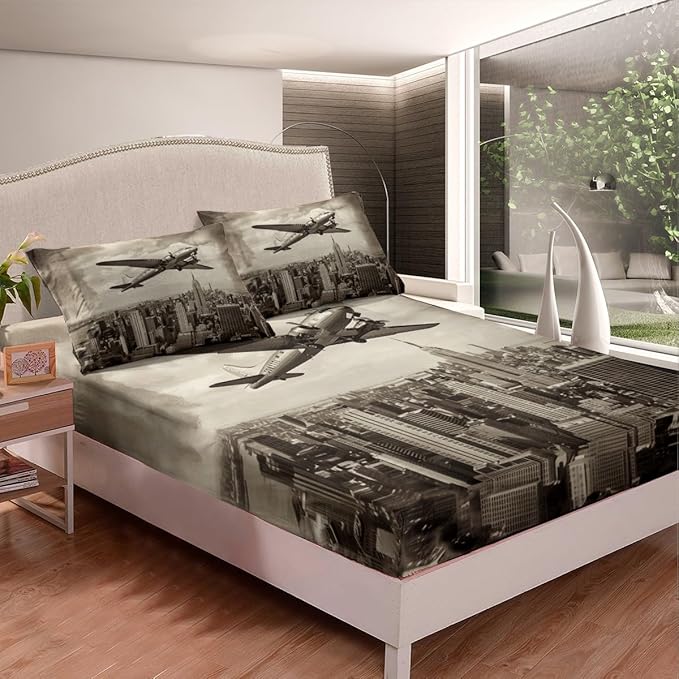 Airplane Kids Fitted Sheet Full Size,High Building Modern Fashion Bedding Set,Boys Girls Room Decor,3D Flying Aviation Aircraft Bed Cover,Brown Retro Bed Sheet,2 Pillowcases