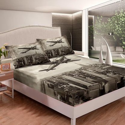 Airplane Kids Fitted Sheet Full Size,High Building Modern Fashion Bedding Set,Boys Girls Room Decor,3D Flying Aviation Aircraft Bed Cover,Brown Retro Bed Sheet,2 Pillowcases
