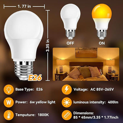 Neporal A15 Amber LED Light Bulb 1800K, True Blue Light Blocking Sleep Aid Bulb for Bedroom Nursery, 7W Replacement for 40W, Soft Warm Glow to Protect Melatonin, E26 Base (4, Amber)