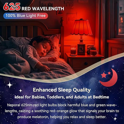 Neporal 625nm Red Light Bulbs for Sleep 3W, 100% Blue Light Blocking Light Bulbs for Melatonin Promoting, A19 LED 40W Equivalent Dim Red Night Light Bulb for Baby Nursery, Sleeping, Reading, 3-Pack