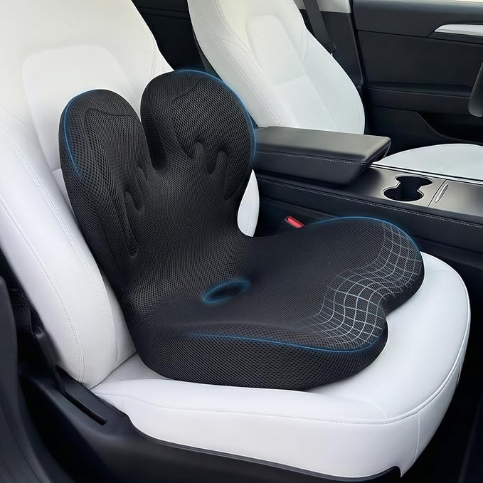 Trucker Seat Cushion, Car Seat Cushion Memory Foam Ergonomic Lumbar & Tailbone Support Pillow for Hemorrhoid, Coccyx & Sciatica Relief, for RV, SUV, Office Chair, Wheelchair (Black)